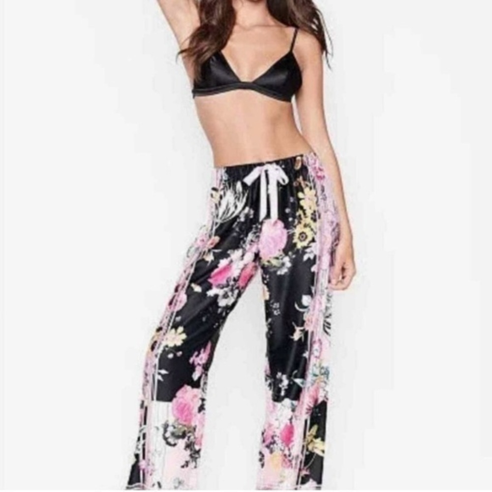 Victoria's Secret Black Floral Satin Pajama Bottoms, Pants, Sexy